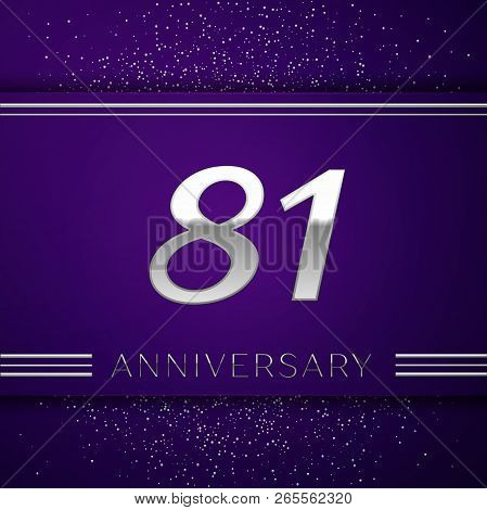 Realistic Eighty One Years Anniversary Celebration Design Banner. Silver Number And Confetti On Purp