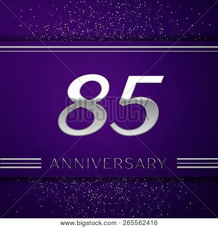 Realistic Eighty Five Years Anniversary Celebration Design Banner. Silver Number And Confetti On Pur