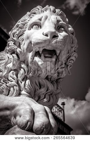 Statue Of A Lion, Black In White. Classical Marble Lion Sculpture Close-up. Face Of A Ferocious Lion