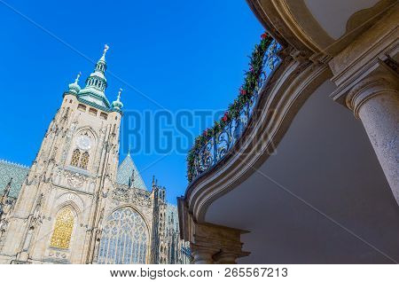Prague, Czech Republic, Castle District, The St Vitus Cathedral, And A Balcony Of The Kralovsky Pala