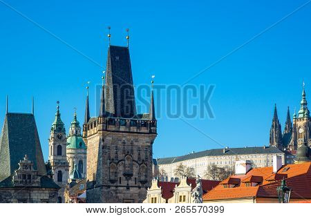 Prague, Czech Republic, The Towers And Statue Of The Charles Bridge On The Moldava River