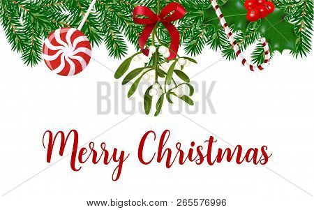 Christmas Hanging Top Decoration Of Holly, Winterberry, Mistletoe, Red Bow, Fresh Fir Branches. Vect
