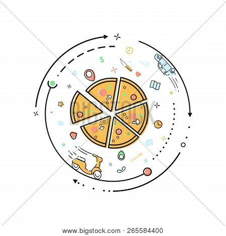 Pizza Delivery Outline Vector Illustration Concept. Pizzapie Restaurant 360 . Web App Of Food Convey