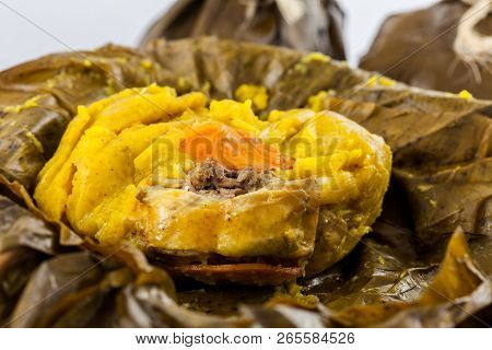 Traditional Colombian Tamale As Made On Tolima Region Isolated On White Background