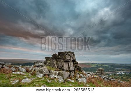 Beautiful Autumn Sunset Landscape Image Of View From Leather Tor In Dartmoor National Park