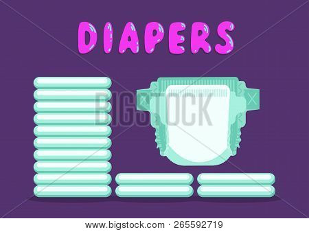 Diaper And Stack Of Diapers With Lettering On Purple Background. Vector Illustration.