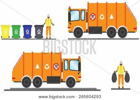 Vector Urban Sanitary Vehicle Garbage Front Loader Truck And Scavenger. Garbage Man In Uniform Gathe