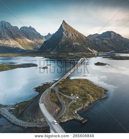 The Stunning Fredvang Bridges In Lofoten Islands, Norway Seen From A Drone Aerial. They Connect The 