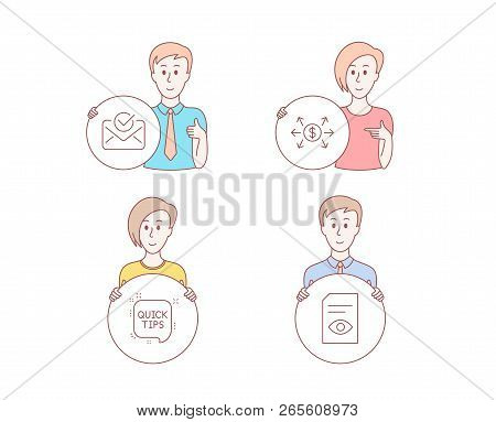 People Hand Drawn Style. Set Of Dollar Exchange, Quick Tips And Approved Mail Icons. View Document S