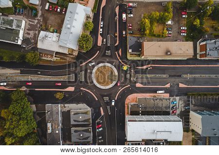 Roundabout Seen Straight Above From The Air With Some Traffic, Forssa Finland