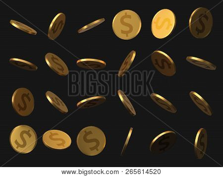 Set Of Golden Dollar Coins. Realistic Vector Illustration.