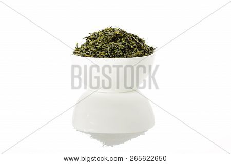 Green Sencha Tea In White Cup Isolated On White Background.