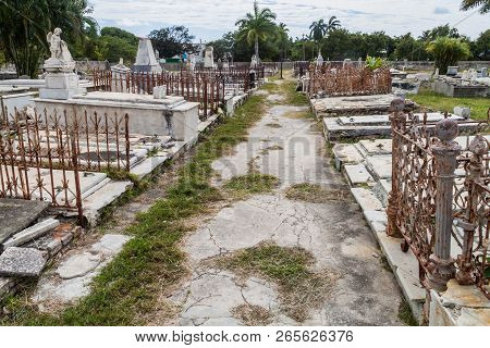 Tombs At Cementerio La Reina Cemetery In Cienfuegos, Cuba. The Cemtery Was Damaged By A Hurricane.