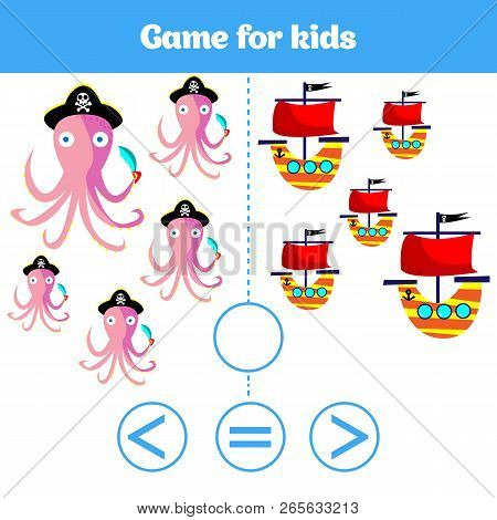 Education Logic Game For Preschool Kids. Choose The Correct Answer. More, Less Or Equal Vector Illus