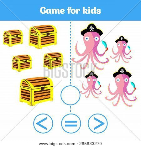 Education Logic Game For Preschool Kids. Choose The Correct Answer. More, Less Or Equal Vector Illus