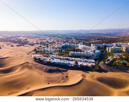 July 10, 2018. Maspalomas Dunes, Gran Canaria. Aerial View Of The Maspalomas Dunes On The Gran Canar