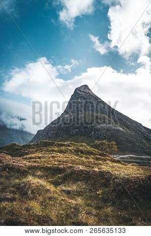 The Stunning Fredvang Mountain In Lofoten Islands Norway Seen From A Drone Aerial. They Connect The 