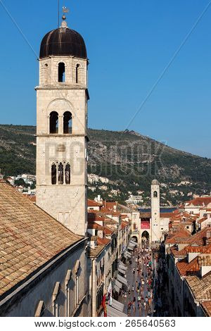 Dubrovnik, Croatia, July 29, 2018: Bell Tower Of The Franciscan Church And Monastery In Dubrovnik, O