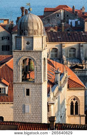 Dubrovnik, Croatia, July 31, 2018: City Bell Tower In Dubrovnik, Croatia, Originated In The Mid 15th