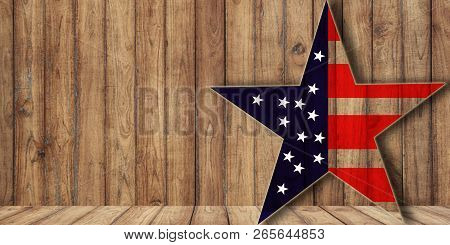 Usa Flag In Star Shape On Wood, Background With Copy Space