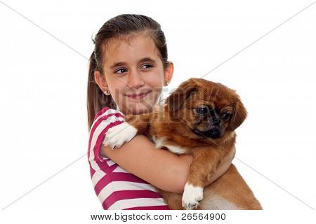 Beautiful girl holding a small pekingese dog on a white background