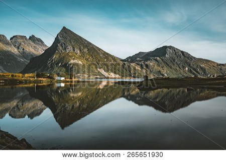 The Stunning Maointain Near Fredvang In Lofoten Islands, Norway Seen From A Drone Aerial With Reflec