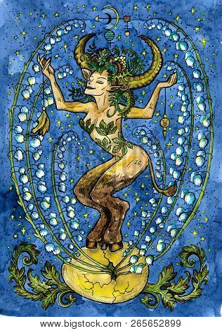Bull. Zodiac Sign, Hand Drawn Fantasy Graphic Illustration. Occult Mystic Drawing With Horoscope Sym