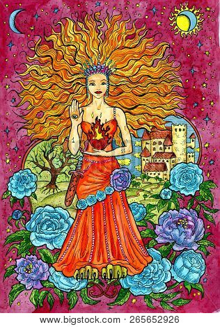 Virgo. Zodiac Sign, Hand Drawn Fantasy Graphic Illustration. Occult Mystic Drawing With Horoscope Sy