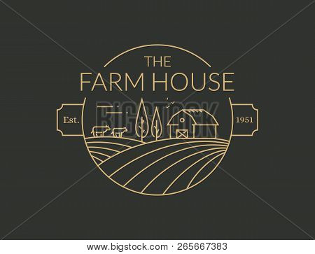 Farm House Outline Logo Isolated On Black Background. Vector Line Emblem With Farmhouse, Cows And Fi