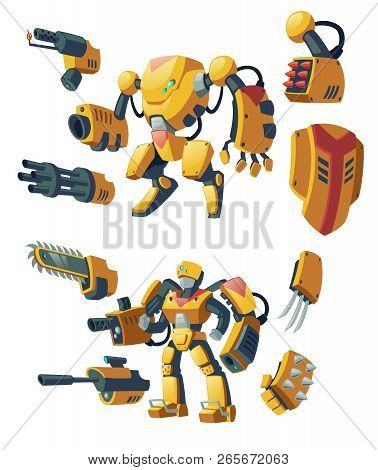Vector Cartoon Androids, Human Soldiers In Robotic Combat Exoskeletons With Guns Isolated On Backgro