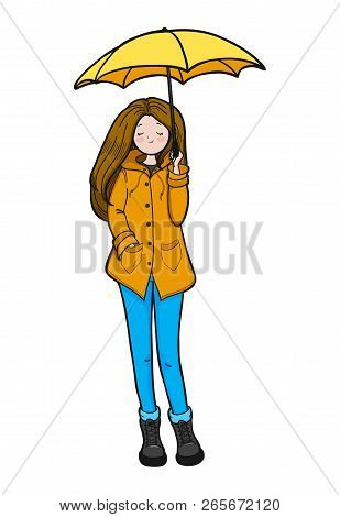 Young Woman In A Yellow Slicker Is Enjoying Weather. Vector Illustration.