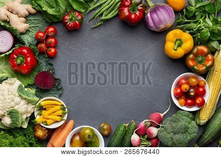 Food Frame For Rawfoodists. Set Of Different Fresh Raw Vegetables In Glass Bowls. Ingredients For Ve