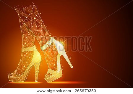 Low Poly Illustration Of The Womens Legs In Shoes, High Heels A Golden Dust Effect. Polygonal Wirefr