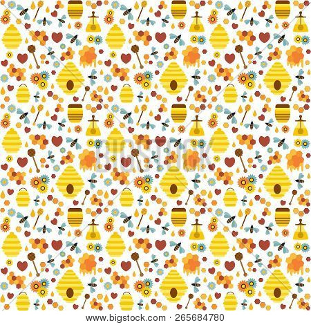 Organic Honey Pattern With Bee Flowers, Beehive, Combs, Dipper And Honey In Jars And Wooden Pot. Bee