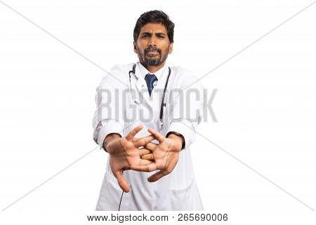 Indian Medic Man Cracking Knuckles With Relieved Expression As Getting Ready Concept Isolated On Whi