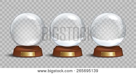 Empty Glass Snow Globe And Snow Globes With Snow On Transparent Background. Vector Christmas And New
