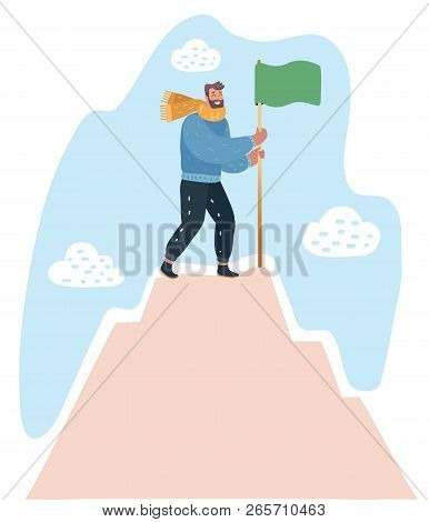 Vector Cartoon Illustration Of Successful Mission. Man Standing With Green Flag On Mountain Peak. Go