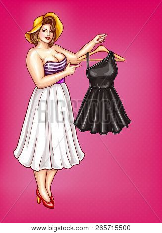 Pop Art Fat Woman With Big Breast In Blouse With Low Neckline Isolated On Pink Background. Plus Size