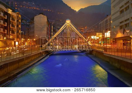 Andorra la Vella Paris bridge sunset over Valira river in Pyrenees
