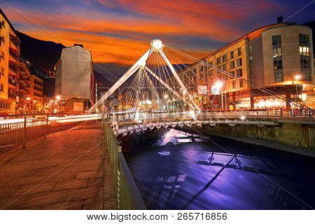 Andorra la Vella Paris bridge sunset over Valira river in Pyrenees