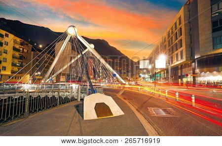 Andorra la Vella Paris bridge sunset over Valira river in Pyrenees