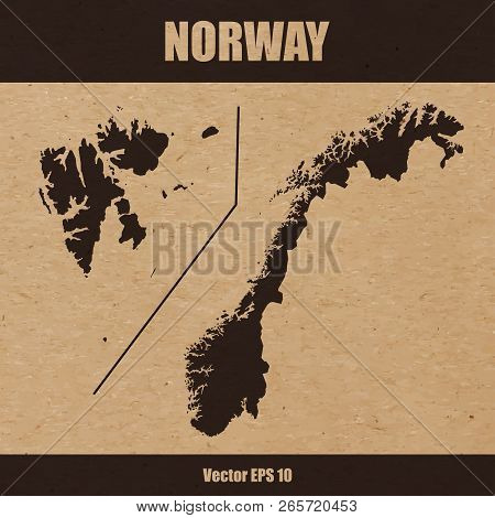 Vector Illustration Of Detailed Map Of Norway And Svalbard Island On Craft Paper Or Cardboard Backgr