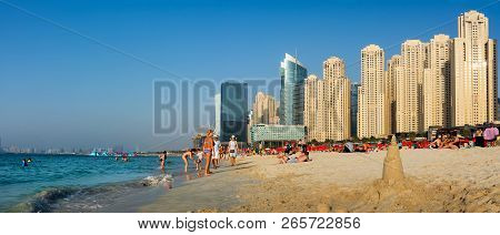 Dubai, United Arab Emirates - March 8, 2018: Jbr, Jumeirah Beach Resort Panoramic View With Many Swi