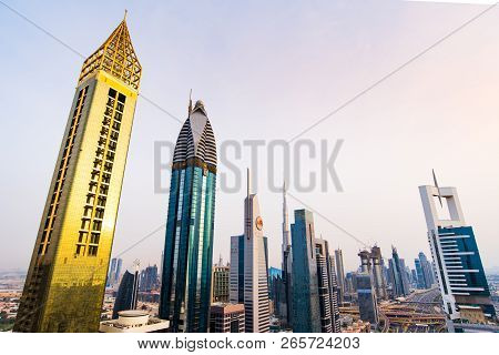 Dubai, United Arab Emirates - April 3, 2018: Modern Skyscrapers Of Downtown Dubai From A Rooftop At 