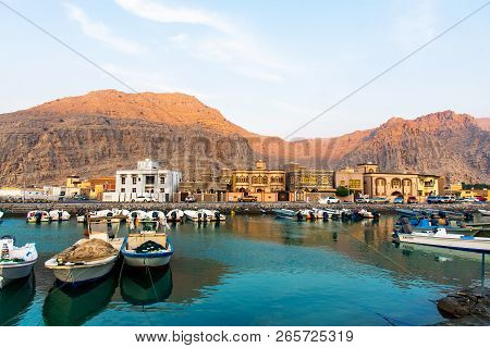 Khasab, Oman - October 5, 2018: Khasab City Creek And Desert Rock Scenery With Characteristic Arabia