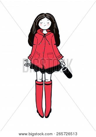 Young Woman In A Red Slicker Is Enjoying Autumn Weather. Vector Illustration.