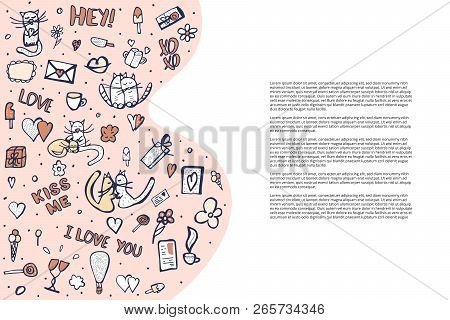 Banner Template With Doodle Cute Love Symbols And Charactrers. Cats And Valentine Day Objects And Qu