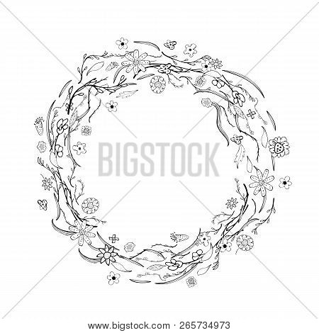 Wild Flowers And Leaves Wreath Composition.  Hand Drawn Style Round Border.  Vector Ilustration.