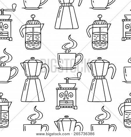 Seamless Pattern With Hand Drawn Coffee Maker, Grinder, American Press, Cup Of Coffee. Vector Patter