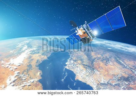 Space Communications Satellite In Low Orbit Around The Earth. Elements Of This Image Furnished By Na